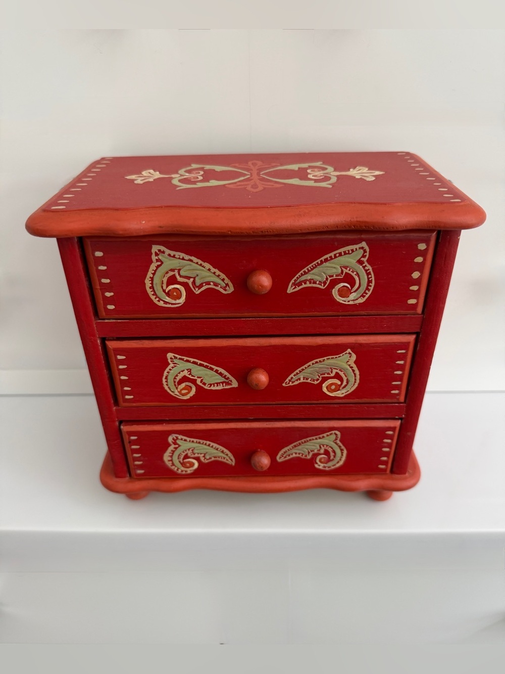 Vintage 3 Drawer Musical Jewelry Box Mini Chest orange Wooden Hand Painted 70s